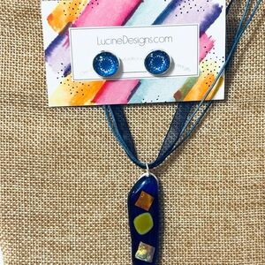 Blue Glass Pendant Necklace and Earrings Set, artisan boutique gift ideas